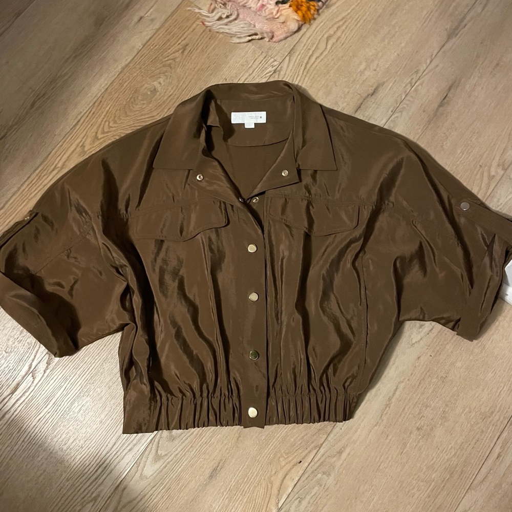 ZARA SHORT SLEEVE SAFARI SHIRT L toffee brown nylon shirt jacket - Picture 5 of 6